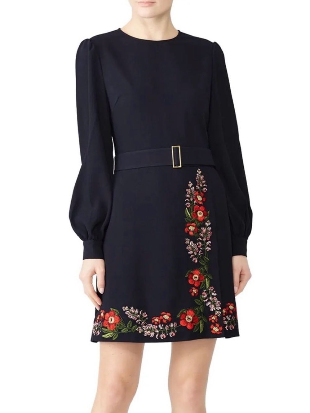 Embroidered Black Long-Sleeve Belted Dress